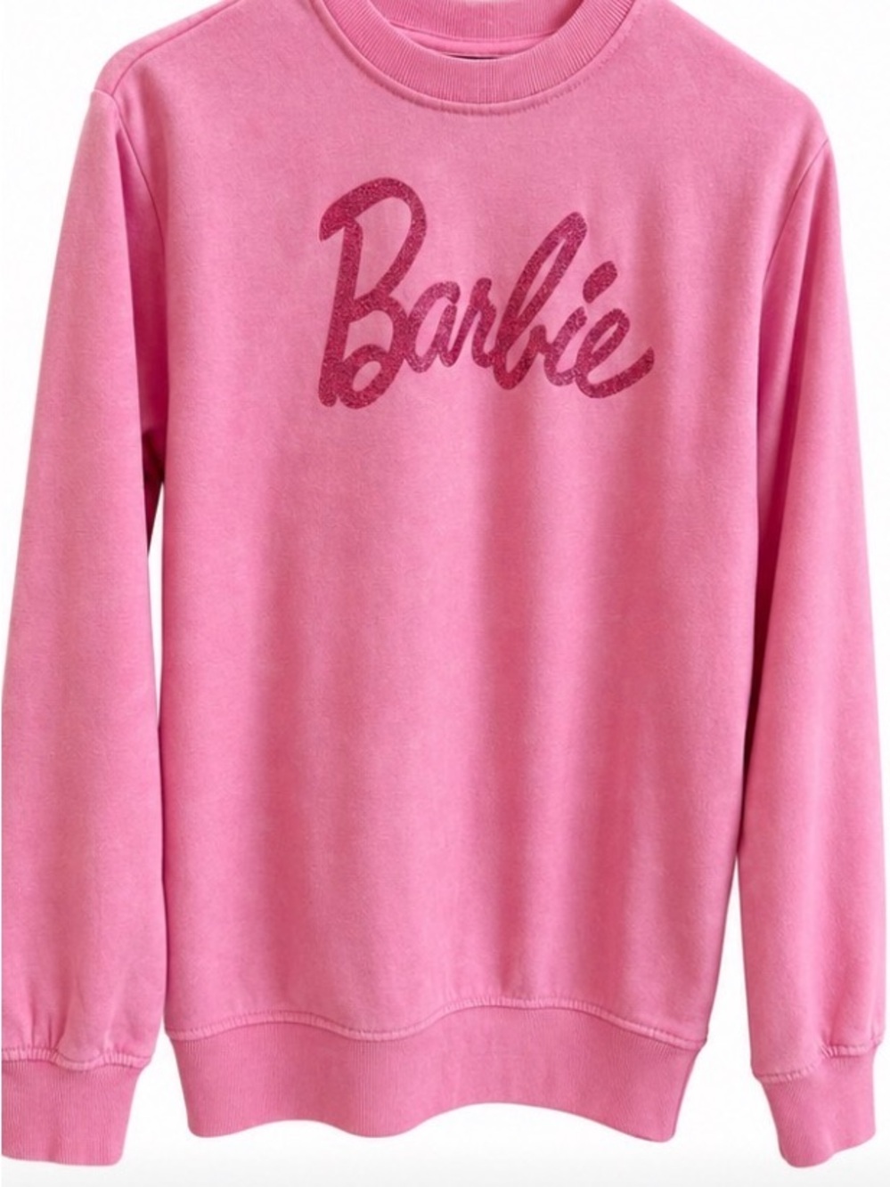 Barbie Pink Girls Size 12 Youth Glitter Logo Crewneck Sweatshirt